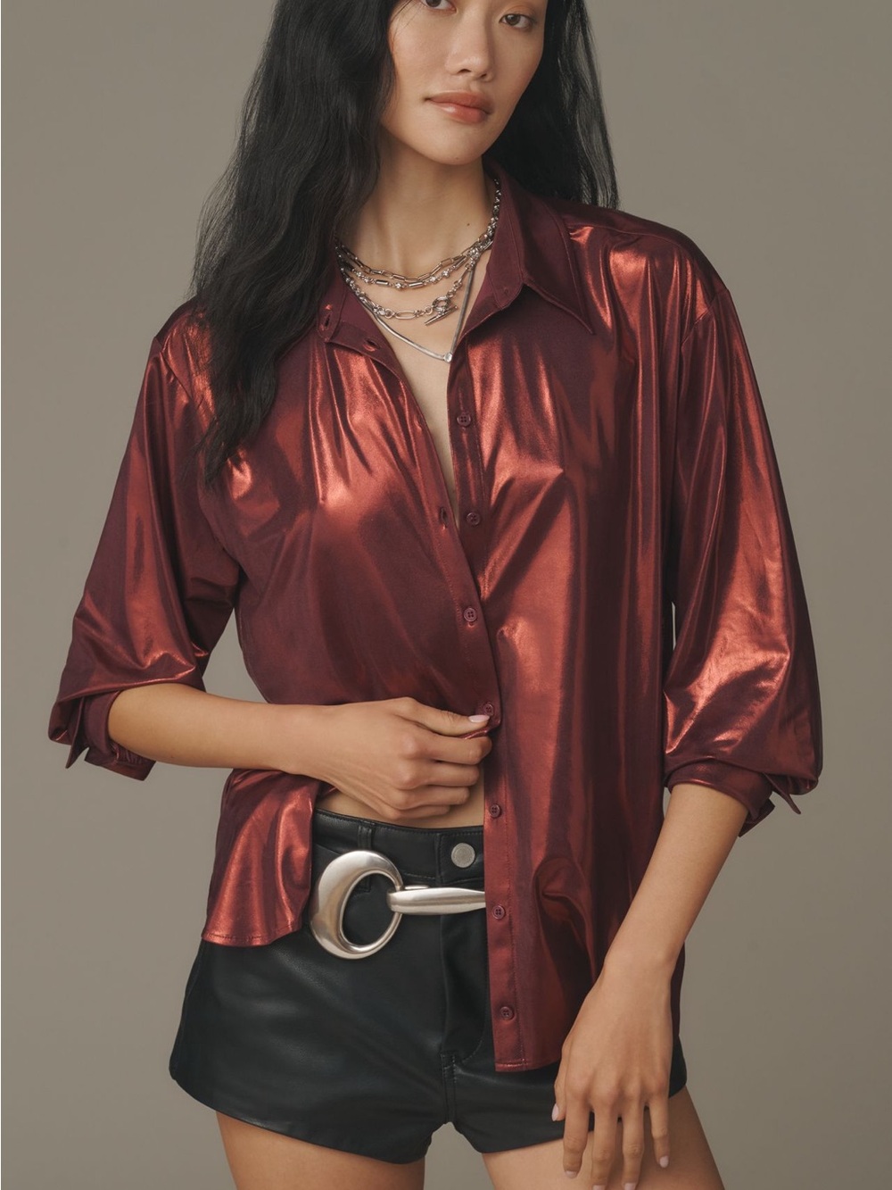 By Anthropologie Shine Buttondown Shirt Red Mahogany Burgundy XS